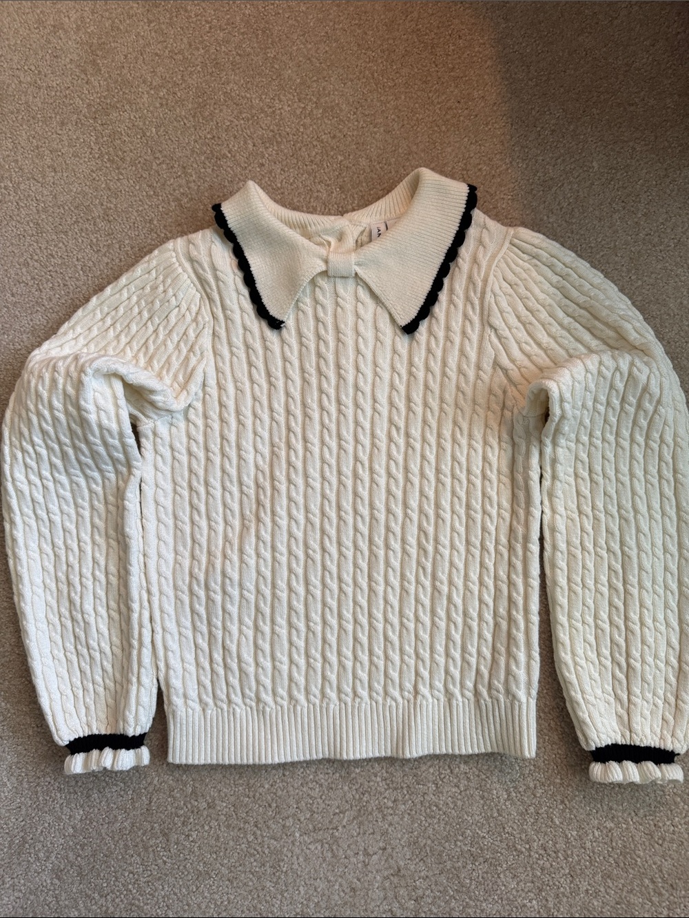 Janie and Jack Cream Cable-Knit Sweater with Black Trim Collar